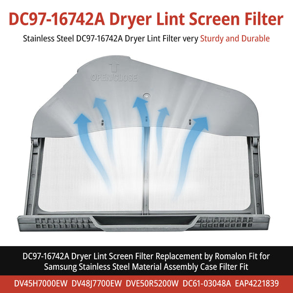 DC97-16742A Samsung dryer lint filter screen replacement – front view showing gray plastic frame and mesh