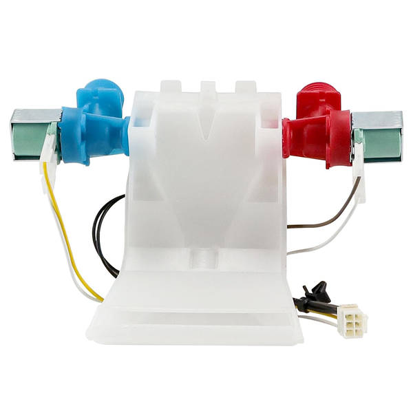 W10144820 Whirlpool Washer Water Inlet Valve – Front View Showing Blue Cold and Red Hot Solenoids with 6-Wire Harness