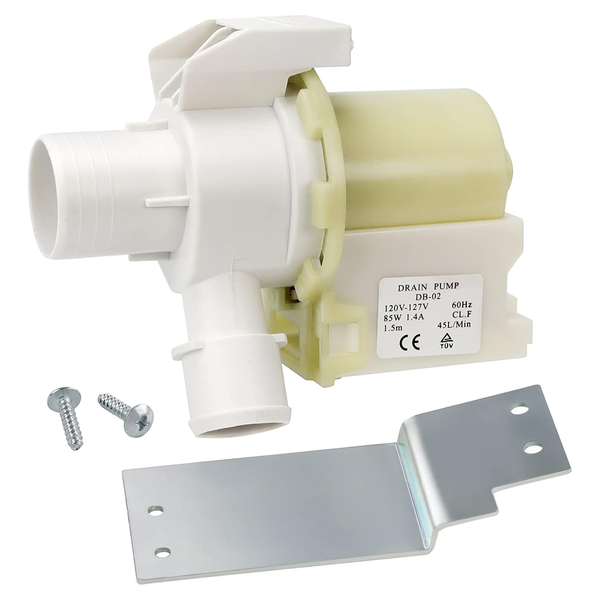WH23X10030 GE Washing Machine Drain Pump Assembly – Front View with Mounting Bracket and Screws