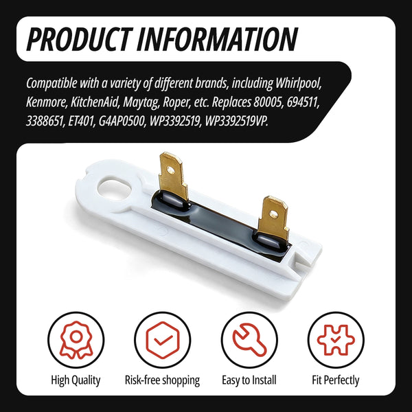 Dryer thermal fuse Part 3392519 – non-resettable safety fuse with two 3/16 inch spade terminals for Whirlpool, Kenmore, and Maytag dryers