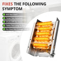 279838 dryer heating element glowing coil close-up with common no-heat symptoms guide for Whirlpool Kenmore Maytag electric dryer repair