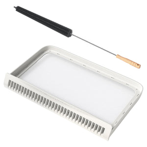 33001808 WP33001808 dryer lint filter screen with white plastic frame and nylon mesh, shown with 29-inch cleaning brush on white background