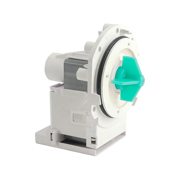 4681EA2002H LG Washer Circulation Pump Motor – Side Angle View Showing White Motor Body, Stator Coils and Teal Impeller with Black O-Ring Seal
