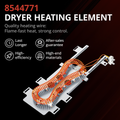 8544771 dryer heating element with glowing NiCr coil highlighting fast heat, strong control, high efficiency, long-lasting durability, and after-sales guarantee