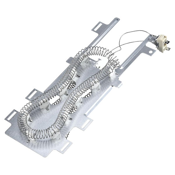 8544771 WP8544771 Whirlpool dryer heating element with dual NiCr coils, ceramic insulators, and 5/16-inch spade terminals on white background