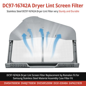 DC97-16742A Samsung dryer lint filter screen replacement – front view showing gray plastic frame and mesh