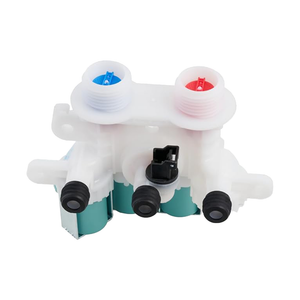 W11096268 Whirlpool Washer Water Inlet Valve – Angled Front View Showing Triple Teal Solenoid Coils and Spade Terminals
