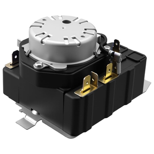 WE04X25280 GE Electric Dryer Cycle Timer – 3/4 Angle View Showing Timing Motor and Gold Terminals

