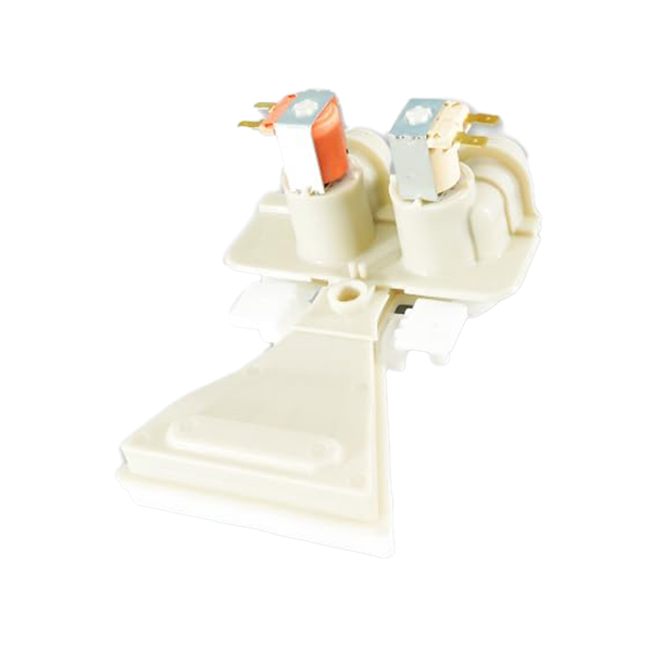 WH13X26534 GE Washer Water Inlet Valve – Angled Front View Showing Dual Solenoids with Orange and Silver Spade Terminals
