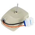 WR60X10141 GE refrigerator evaporator fan motor with 1-3/8 inch steel shaft and 3-pin plug-in harness connector, 115V 3W replacement part on white background