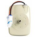 WR60X10141 refrigerator evaporator fan motor rear view showing thermoplastic housing, 3-pin white connector with blue latch, and orange and black wiring harness