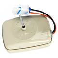 WR60X10141 WPWR60X10141 GE refrigerator evaporator fan motor top view showing 1-3/8 inch steel shaft, shaded pole motor housing, and 3-pin connector for GE Hotpoint Kenmore fridges