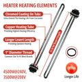 Two 4500W 240V copper sheathed screw-in water heater heating elements included in EWH-05 kit – 1 inch NPSM threads, fits Rheem AO Smith Kenmore